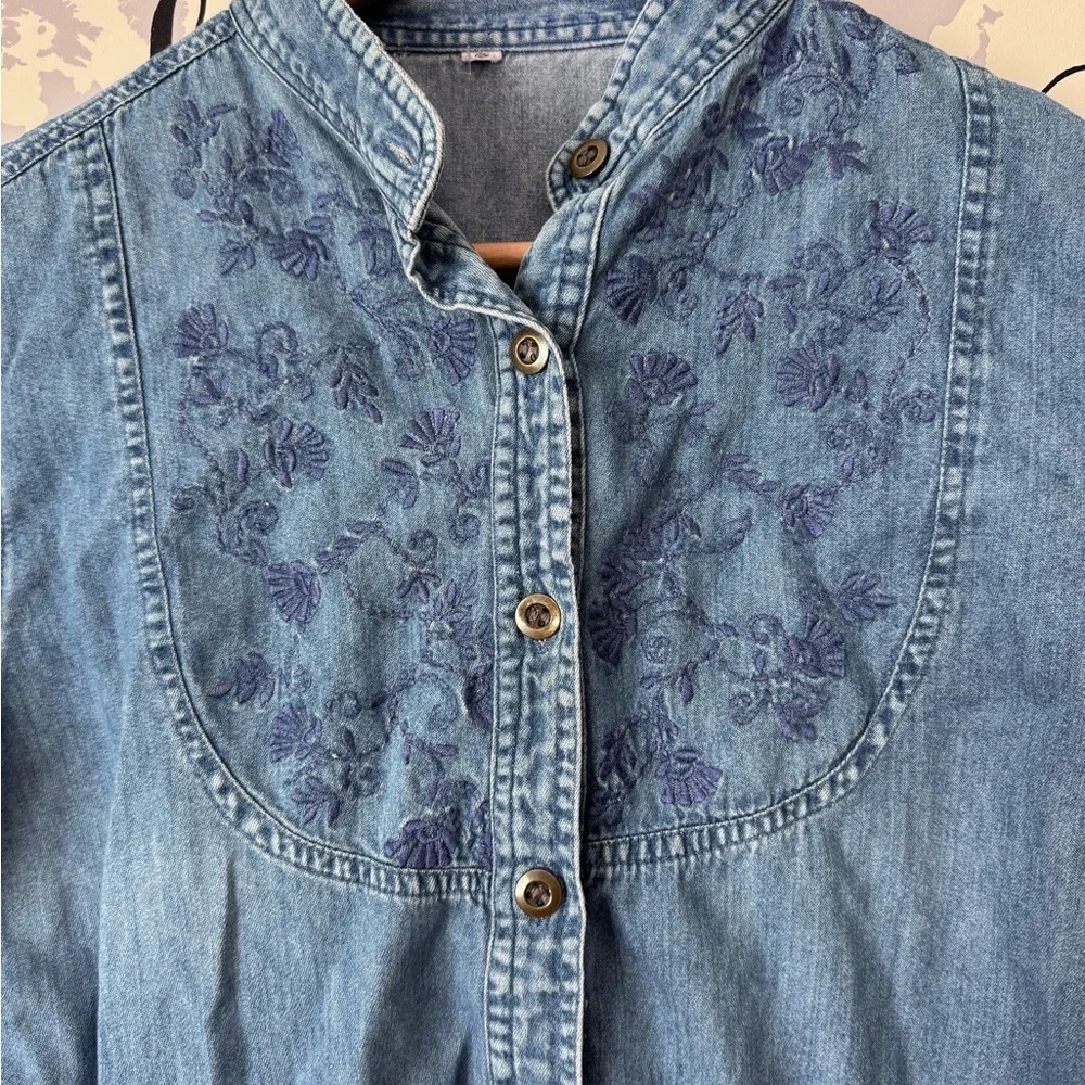 Embroidered cotton blue denim button up shirt